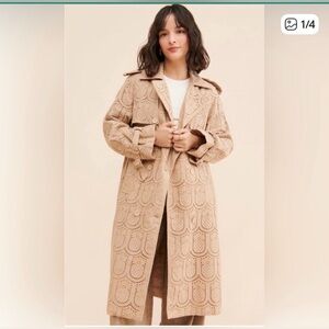 Farm Rio Eyelet Trench Coat – Tan Embroidered Long Jacket Sz XS